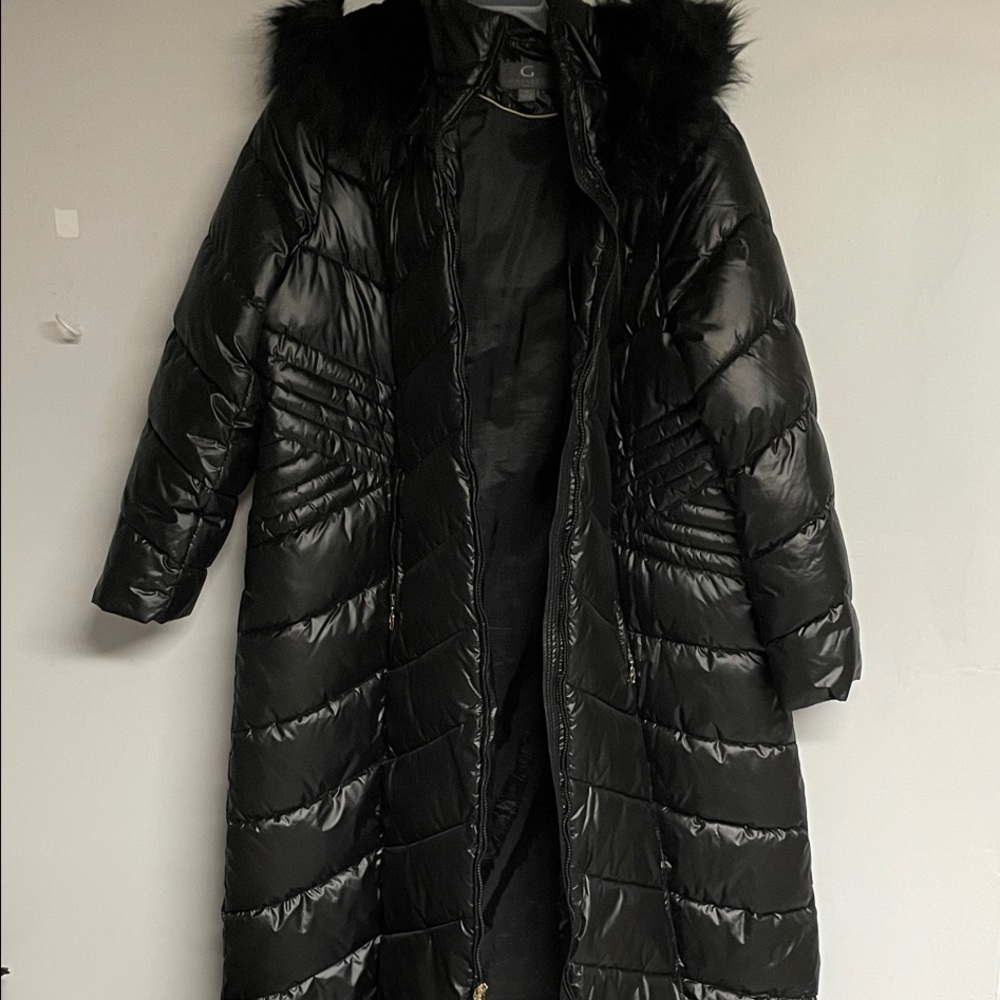 Gallery Black Puffer Coat with Faux Fur Hood
